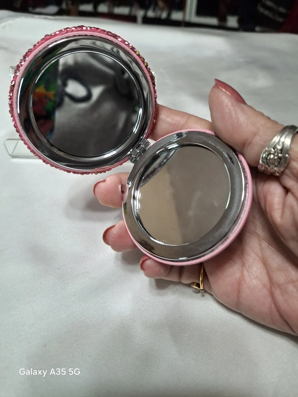 Luxury Inspired Pink Rhinestone Round Accent Interlocking Compact Mirror Logo